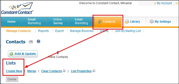 Constant Contact - create a new subscribers list